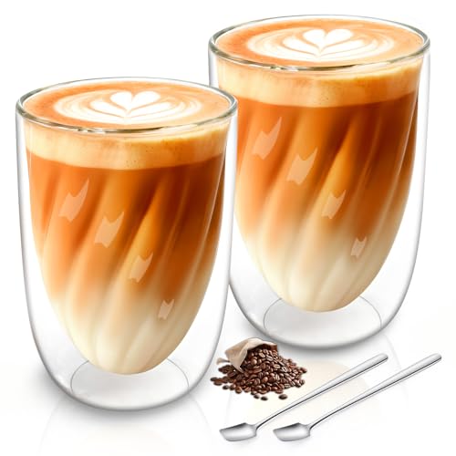 SILRIVES Latte Macchiato Gläser Doppelwandig 350ml 2er Doppelwandige Kaffeegläser Teegläser mit 2 Löffeln Borosilikatglas Thermogläser Doppelwandig für Cappuccino Eiskaffee Espresso Tee Milch Bier