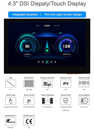 Image of waveshare 4.3inch Touch DSI Display 800 x 480, IPS Screen, 5-Point Capacitive Touch LCD,Compatible with Raspberry Pi 4B /3B+ /3A+ /3B /2B /B+ /A+, Compute Module3 /3+ /Compute Module 4