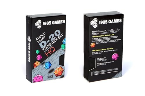 Image of 1985 Games Sharp Edge DND Dice Set - Plasmic Punch Polyhedral Dice in Retro VHS Box - TTRPG Dice Set - Tabletop RPG Accessory (Set of 7)