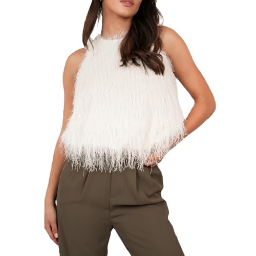 Women Faux Fur Tank Top Fuzzy Sleeveless Babydoll Crop Top Y2K Fluffy Knit Sweater Vest Going Out A White