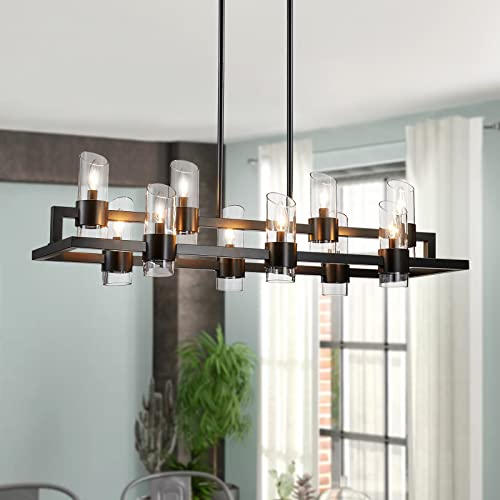 Image of WUZUPS Island Rectangle Chandelier 10-Light with Clear Glass Industrial Modern Farmhouse Linear Light Fixture for Dining Room Kithen Island, Width 42.5 inch Height 10.4 inch, Black