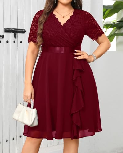 Image of Talisea Plus Size Wedding Guest Dress - Formal Cocktail Party Ruffle Elegant Tea Length Lace Chiffon V Neck Midi Dresses