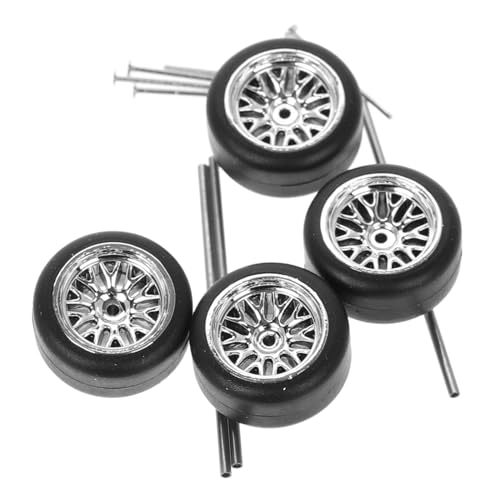JUMPLAWN 1:64 Rc Car Wheel Hubs and Rubber Tires Set Silver Electroplated Tree-branch Rims for Toy Car Replacement Small Wheels for Diy Accessories and Playsets