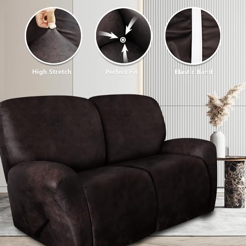 Image of ANARACHON Leather Look Loveseat Recliner Covers Stay in Place 6-Piece Recliner Sofa Slipcover 2 Seater Reclining Couch Cover Spandex Fabric Washable (Recliner Loveseat, Chocolate)