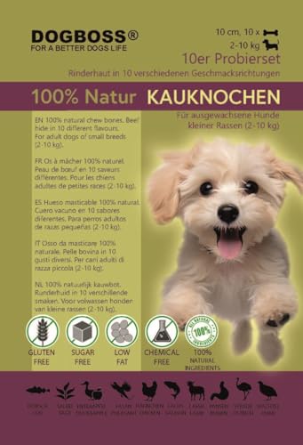 DOGBOSS 100% Natur Kauknochen speziell für kleine Hunderassen (2-10kg) in verschiedenen Geschmackssorten (10er Probierset 10 cm)