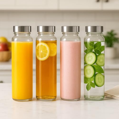 Image of Borosilicate Glass Water Bottle 750ml Pack of 4 | Leakproof Stainless Steel Lid | Juice, Detox, Milk, Smoothie & Fridge Bottle | BPA-Free Premium Glass Bottles for Home, Office & Travel