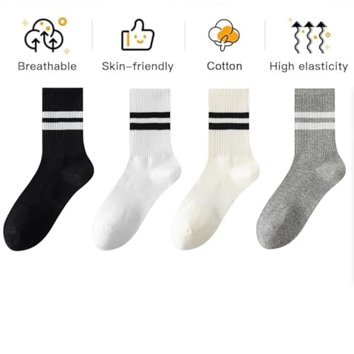 Women’s Athletic Crew Socks with Arch Support – 4 Pairs, Striped Design – Comfortable Daily Wear Socks, Size 6–9 (White, Cream, Black, Gray) for all day comfort.2