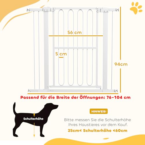 PawHut Treppenschutzgitter 94cm Türschutzgitter Absperrgitter ohne Bohren 76-104 cm Schutzgitter aus Stahl für Hunde, Haustiere Treppen, Tür, Weiß