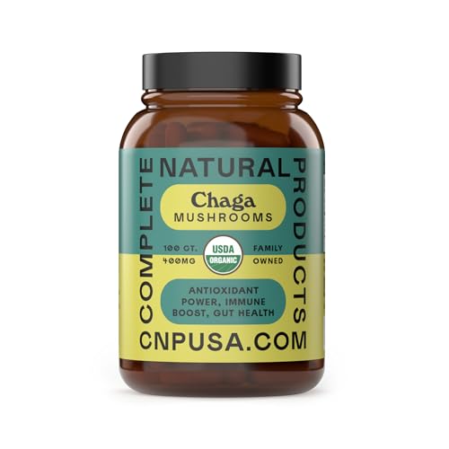 Complete Natural Products Organic Chaga Mushroom Capsules - 100ct Organic Antioxidant Power Immune Boost Gut Support Non-GMO Gluten Free Vegan
