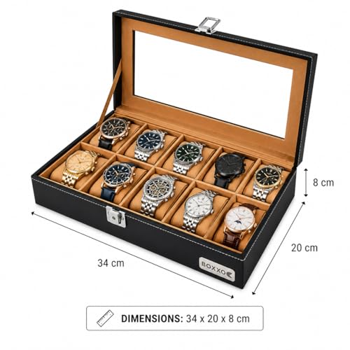 Image of BOXXO 12 Slot Watch Organizer Box for Men & Women - Premium PU Leather Watch Case, Soft Velvet Cushions & Glass Lid Display, Elegant Storage Box - 34x20x8 cm (Black /beige, 12 slots)