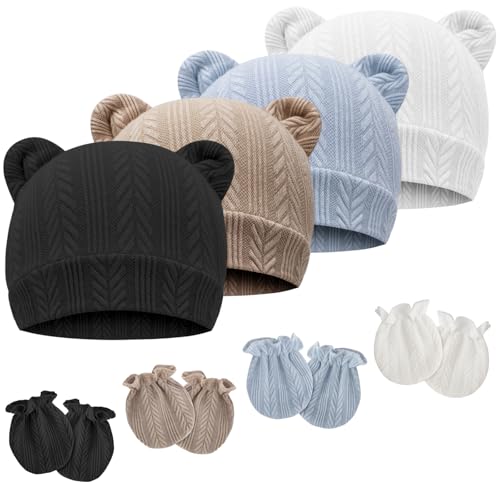 Image of Newborn Baby Hat and Mittens Set Bear Ears Toddler Infant Beanie Caps Newborn Hospital Hat for Baby Boy Girl 0-3 Months