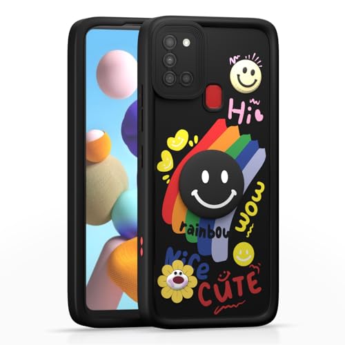 Image of Pikkme Back Cover for Samsung Galaxy A21s | Soft Silicone| Cute Rainbow Smile & 3D Cartoon Flower Design | Shockproof Raised Camera Protection Bumper Case (Black)