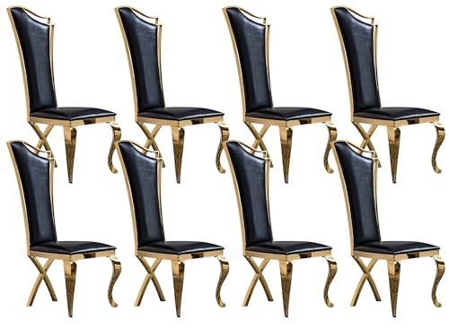 LIKUHLI Silla de Comedor Juego de 8 sillas de Comedor de Cuero Negro, sillas de Comedor tapizadas con Patas de Acero Inoxidable Dorado y Respaldo Alto, sillas de Comedor de Cuero, c