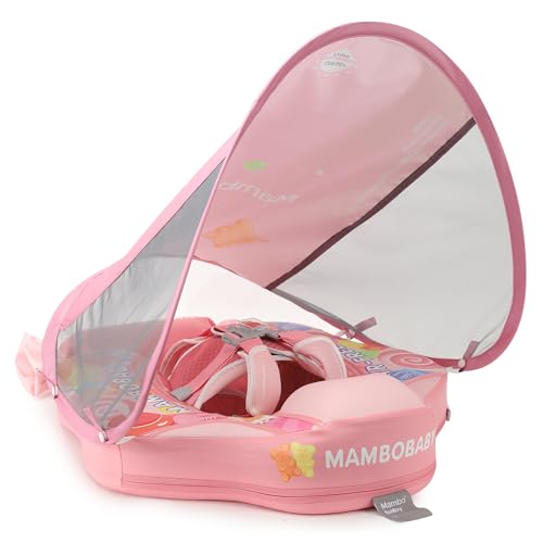 Image of Mambobaby Float Add Tail Baby Swim Float with Canopy Solid Pool Infant Swim Trainer Swimming Training Lying Air Free Water Floats Non-Inflatable Waist Swim Ring for Toddlers (Candy)