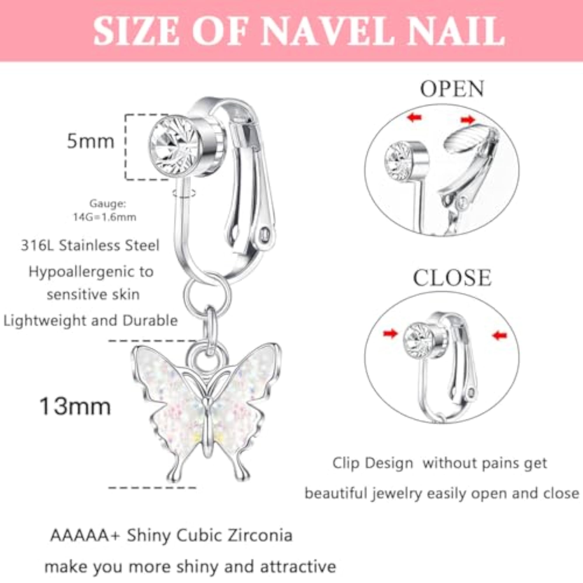 Women's Clip On Belly Piercing Jewelry, Heart-Shape Rhinestone
