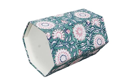 Image of 3.3 Gallon Cotton Hand Block Printed Paper Waste Basket |Small Decorative Trash Can for Housewarming Gifts in Living Room, Bedroom, Bathroom | Eco-Friendly, Plastic-Free (1, Green Pink FLOWAR)