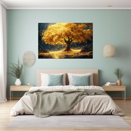 Tableau arbre fortune doré QUSAAOU décoration de salon toile moderne 70x100cm