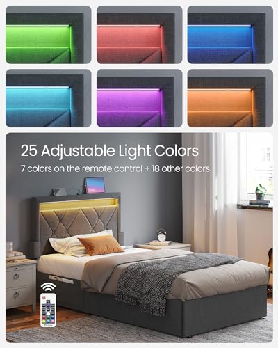 Image of VASAGLE LED Bed Frame Twin Size, Twin Bed with Headboard and 4 Drawers, 1 USB Port and 1 Type C Port, Adjustable Upholstered Headboard 37.1 /39.6 Inches, No Box Spring Needed, Dark Gray URMB823G71