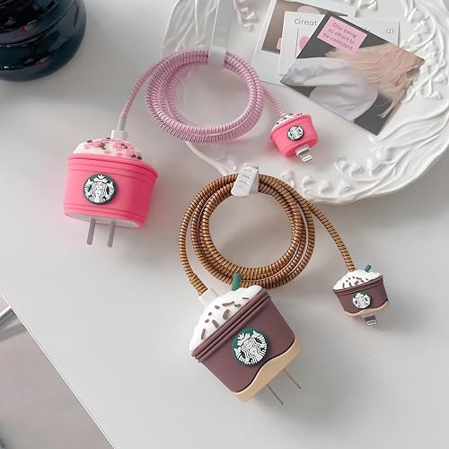 Image of Cable Protector with 3D Cute Pattern for iPhone Charger only18W & 20W | Data Line Wire Saver Charger Protective Cable Full Protection Set of-1 (Brown&White Star-Bucks)