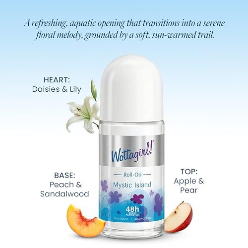 Image of Wottagirl Mystic Island Underarm RollOn for Women | Fruty and Floral Deodorant | 48H Odour Protection | Alcohol-Free, Gentle Formula | 100% Vegan | 50ml | Alcohol-free 48H odour protection with fruity floral fragrance. 100% vegan formula.
