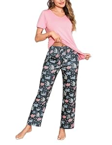 Bresdk Schlafanzug Damen Kurz Pyjama Set Baumwolle Kurzarm Lang Pyjamahose Sommer Nachtwäsche Hausanzug mit Taschen