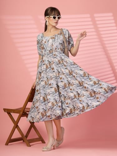 Image of OOMPH! Below Knee Shift Pink Dress in Crepe Fabric with Round Neck and Puff Sleeves - md619l