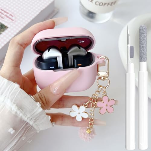 Cute Pink Case for Samsung Galaxy Buds 3/3 Pro/3 FE Cover for Girl Women with Pom pom Flower Keychain & Cleaner Pen, Soft Silicone Galaxy Bud Pro 3/Buds3/Bud 3 FE Protective Cover Skin
