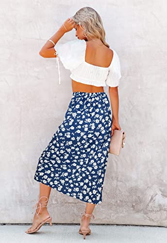 Image of HERBATOMIA Women's Floral Print Midi Skirt Casual High Elastic Waist Zipper Vintage Long Boho Skirts for Women