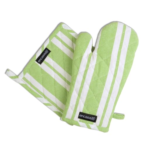 Image of Encasa XO Heat Resistant 100% Cotton Oven Glove & Potholder Set with Loop, Kitchen Cooking Mittens, Microwave Safe Hot Pads (Franca Lime Stripes)