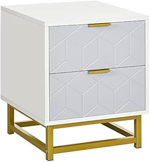 HOMCOM Bedside Table with 2 Drawers, Side Table, Bedside Cabinet with Steel Frame for Living Room, Bedroom, Grey and White