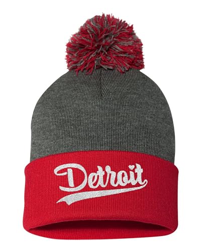 Go All Out One Size Dark Heather Grey/red Pom City of Detroit Michigan Pride Embroidered Knit Beanie Pom Cap