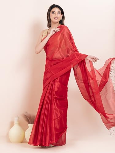 Image of Women's Tissue Cotton Saree | Plain Lightweight Tassel Pallu Saree with Blouse