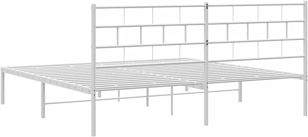 Metal Bed Frame White Powder-Coated Steel Full Size Platform Bed Frame with Headboard and Storage, Heavy-Duty Nonslip Foundation for Bedroom Mattress Support
