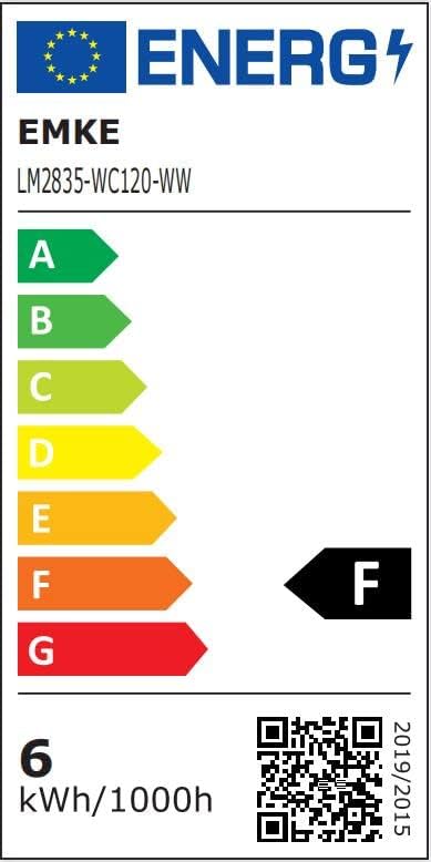 EU Energy Label for EMKE LED mirror, showing energy efficiency class F.