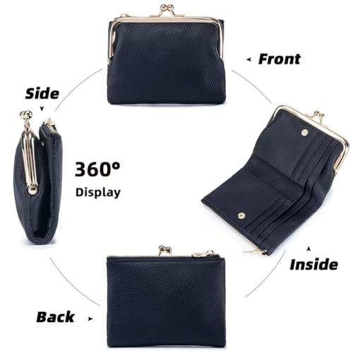 Women's Small Wallet for Women Retro Leather Credit Card Case Biford Change Wallet with Card Slots and Zipper Pocket, Pebble Leather-black, One Size3