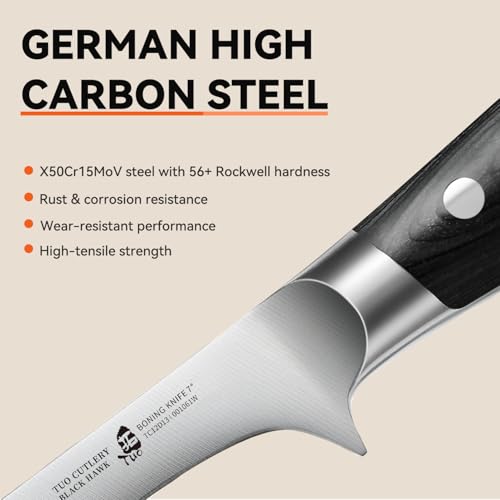 TUO Boning & Filleting Knife 7 Inch German High Carbon Stainless Steel Kitchen Fish Knife, Full Tang Pakkawood Handle Black Hawk Series - Image 5