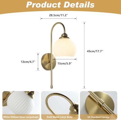 Image of KCO Lighting 1-Lighting Milk Ribbed Glass Wall Sconce Indoor Gold and White Wall Sconce Minimalist Slim Long Sconces Brass Hallway Wall Light Fixtures Globe Vanity Lights for Bathroom Bedroom