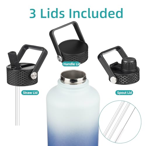 Image of Konokyo Half Gallon Insulated Water Bottle with Straw,64 oz 3 Lids Water Jug with Carrying Bag,Paracord Handle, Double Wall Vacuum Stainless Steel Metal Flask,Sky (Pack of 2)