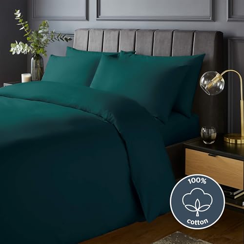 Silentnight Pure Cotton Duvet Set - Luxurious Cool Soft Touch 200 Thread Count - Button Fastening - Breathable 100% Cotton Quilt Cover + Pillowcase Bed Set - Machine Washable, Teal Green, King - 2