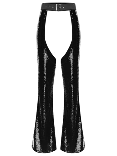 Women's Cowgirl Chaps Shiny Sequin Flare Pants Adjustable Waist Overpants Festival Party Wear