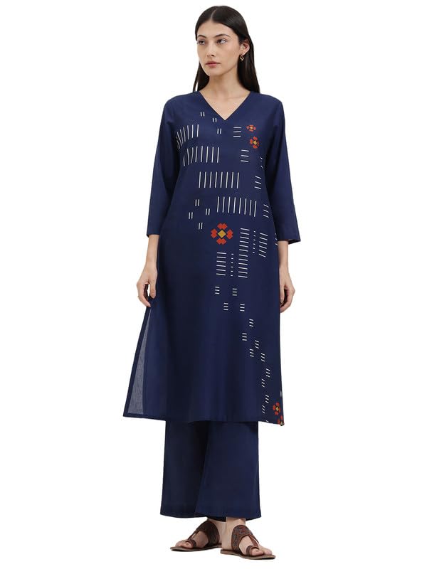 Image of Pink Fort Casual Cotton Geometric Print Kurta Set | A -Line Fit 3 /4th Sleeve V-Neck Kurta Ankle Length 2 Pockets Flared Pants