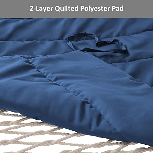 Image of SUNCREAT Hammocks Outdoor Double Hammock with Hardwood Spreader Bar, Heavy Duty Cotton Rope Hammock with Polyester Pad, Dark Blue