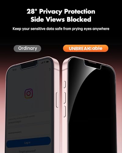 Image of UNBREAKcable Privacy Screen Protector for iPhone 17e, Shatterproof Tempered Glass [True 28Anti Spy] [9H Hardness] [Easy Installation Frame] Private Protector for iPhone 17e 6.1inch-2 Pack