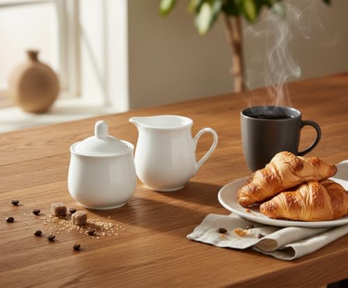 Provance 3-teilig Porzellan Milch und Zucker Set mit Deckel, Milchkännchen Zuckerdose Milch- & Zuckerbehälter Küchenhelfer Küchenutensilien Gedeckter Tisch