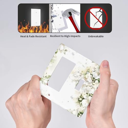 Decorative Outlet Covers Rustic Ink Green Leaves White Florals Flower 2 Gang Outlet Cover Wall Plate Single Toggle Rocker Light Switch Cover Plate Switch Plate Covers for Bedroom Decor