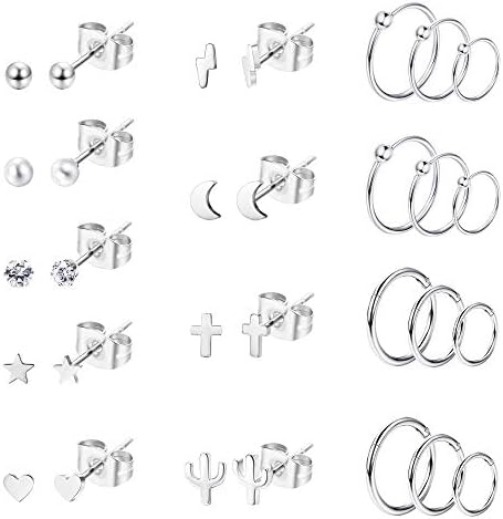 Milacolato 15 Pairs Stainless Tiny Steel Earring Studs Heart Moon Star Ball Geometrical CZ Tragus Cartilage Ear Hoops Piecring Jewelry for Women