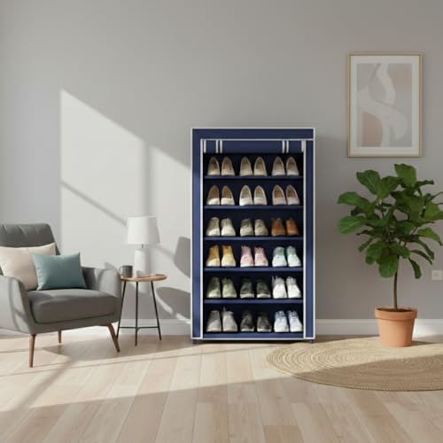 Image of Blue Shoe Rack with Cover | Plastic Rack 6 Shelves with Zip Cover & Side Pockets | Dustproof Multiuse Storage Organizer for Footwear, Shoe Rack Plastic, Slipper Stand