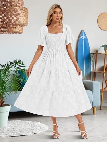 Image of Women's Summer Dresses 2025 Casual Maxi Dresses Boho Floral Short Sleeves Square Neck Beach Vacation with Pockets