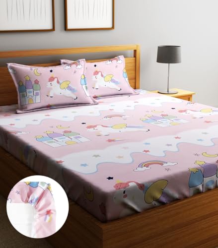 Image of Home Sizzler 144TC Microfibre Kid's Unicorn Elastic Fitted Double Bedsheet with 2 King Size Pillow Covers