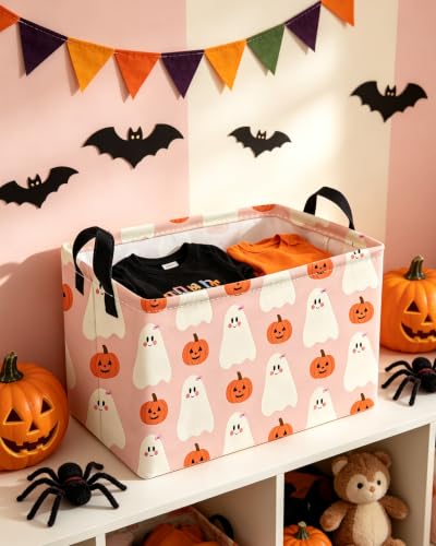 Image of Essme Rectangular Halloween Baskets,Ghost Storage Box,Cute Basket for Kids with Handles for Room Decor, Book Bins,Shelf Basket.(Cute Ghost)
